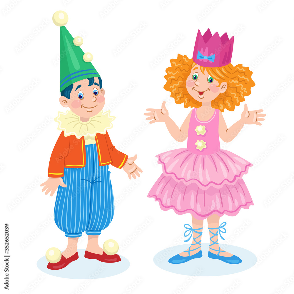 Fototapeta Children in carnival costumes. Little funny boy in a clown costume and a cute little girl in the role of a princess. In cartoon style. Isolated on white background. Vector flat illustration.