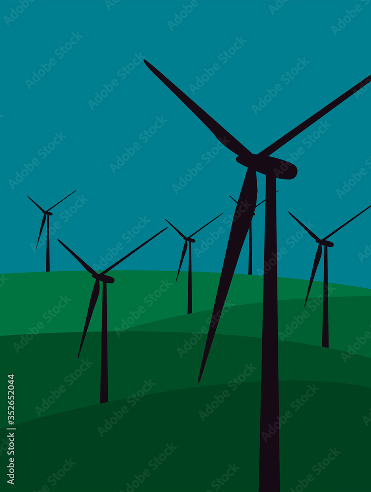 Fototapeta premium Vector graphic landscape. Silhouette of windmills on the green fields at the night time. Dark blue sky.