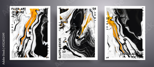 Abstract acrylic banner, fluid art vector texture set. Beautiful background that can be used for design cover, invitation, flyer and etc. Golden, black and white universal trendy painting backdrop