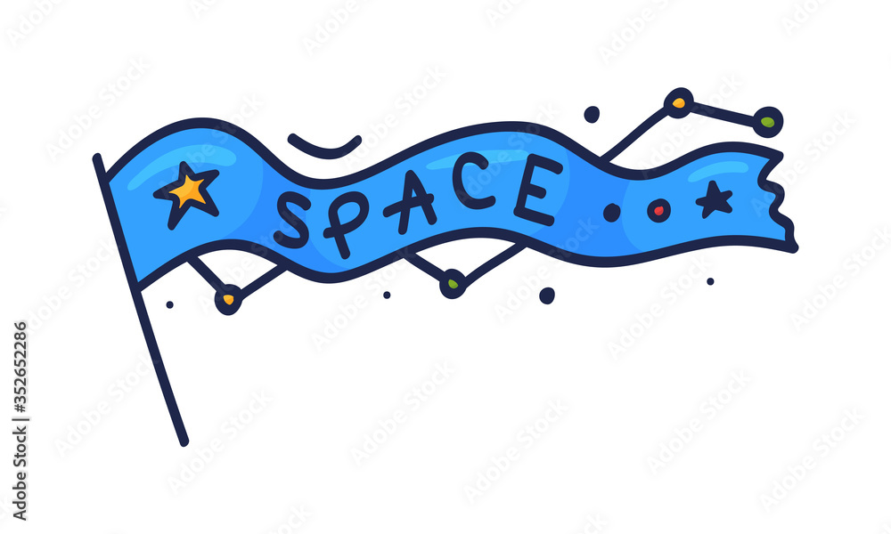 Space vector illustration. A hand-drawn flag with the word space written on it. Stars and constellations in doodle style. Diary sticker