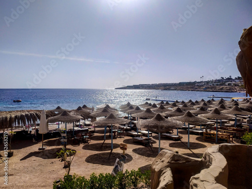 sandy beach with sunbeds Sharm el Sheikh, Egypt 20.12.2019