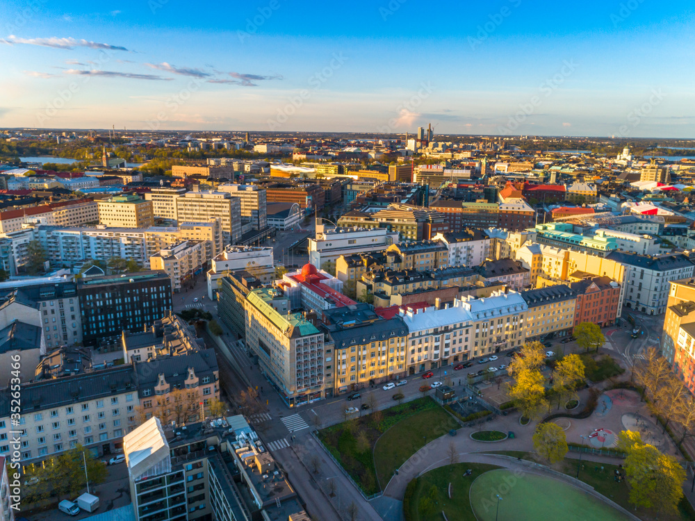 Aerial view of Helsinki city Finland. Sky and colorful buildings.	