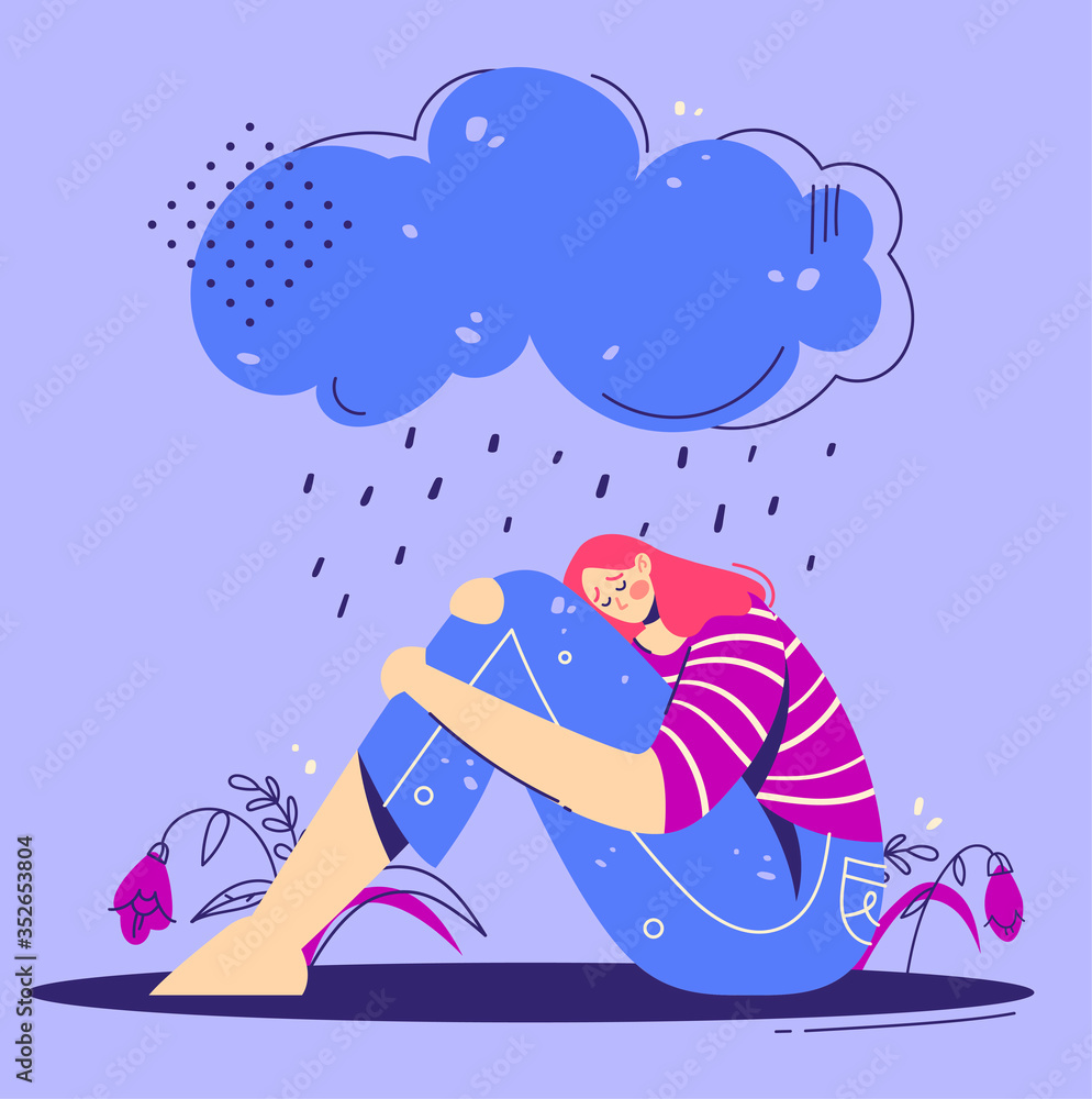 Unhappy, sad depressed young woman hugs legs under rainy cloud. Teenage girl are sitting under rain. Depression concept. Modern flat vector illustration