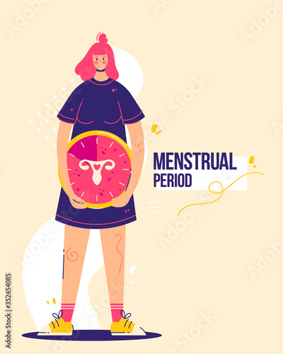 Menstruation concept. Woman holds clock with female genital organs silhouette. Sign menstrual period. Modern flat vector illustration