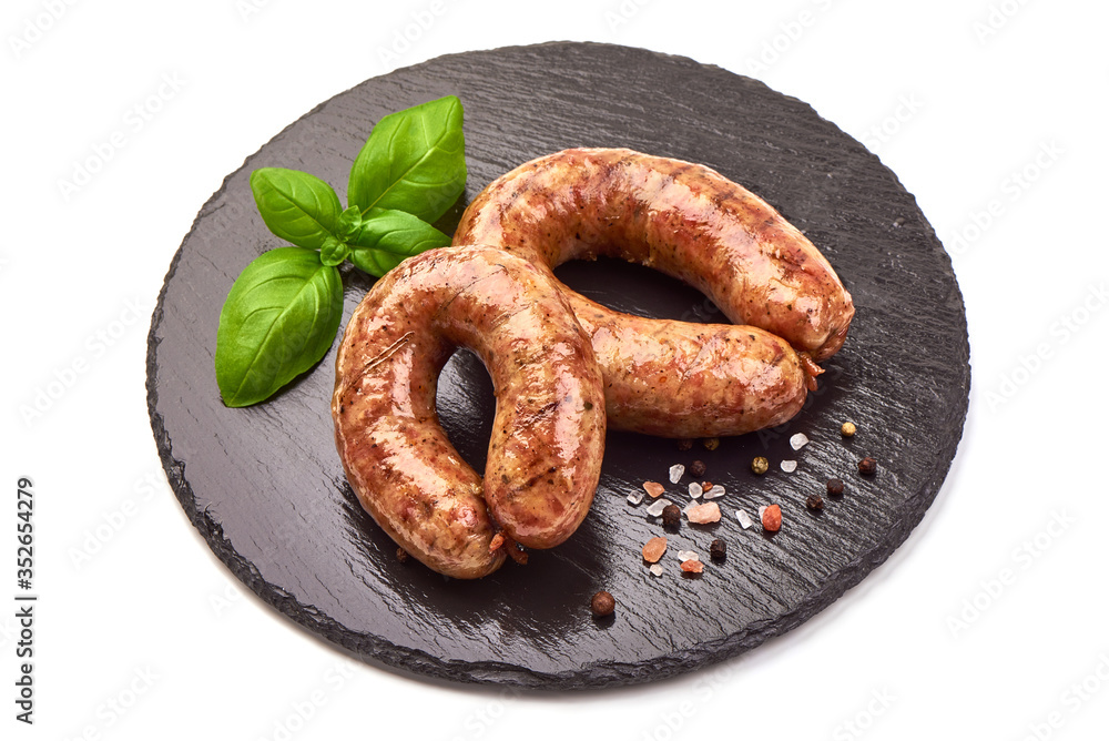 British grilled pork sausages, isolated on white background British grilled pork sausages, isolated on white background