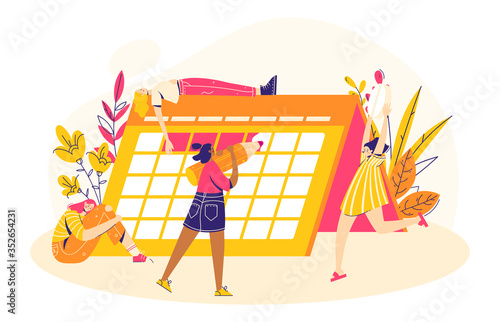 Painful menstruation concept. Women check menstrual days, hold analgetic pill. Small people, big objects. Modern flat vector illustration
