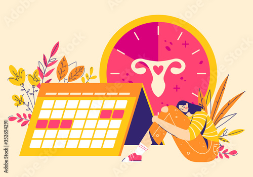 Painful menstruation concept. Women check menstrual days, clock with female genital organs silhouette. Modern flat vector illustration