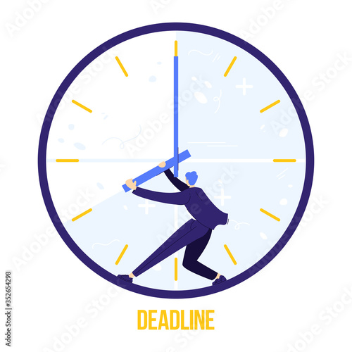 Fear of deadline. Worker is trying to stop time. Not enought time concept. Deadline sign. Modern flat vector illustration