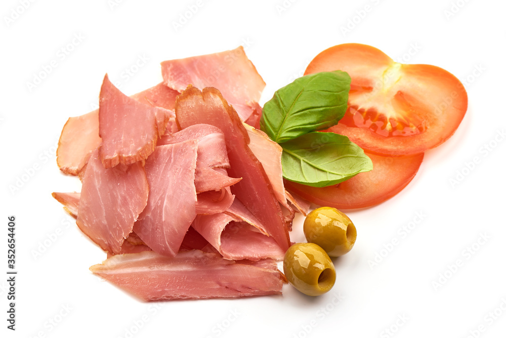 Italian prosciutto, dried meat slices, isolated on white background Italian prosciutto, dried meat slices, isolated on white background