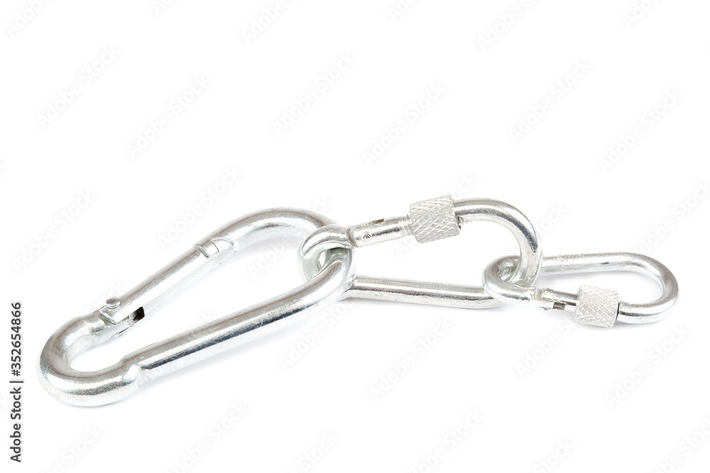 Locks carabiners for use in backpack, purse or extreme sports, isolated on a white background Locks carabiners for use in backpack, purse or extreme sports, isolated on a white background