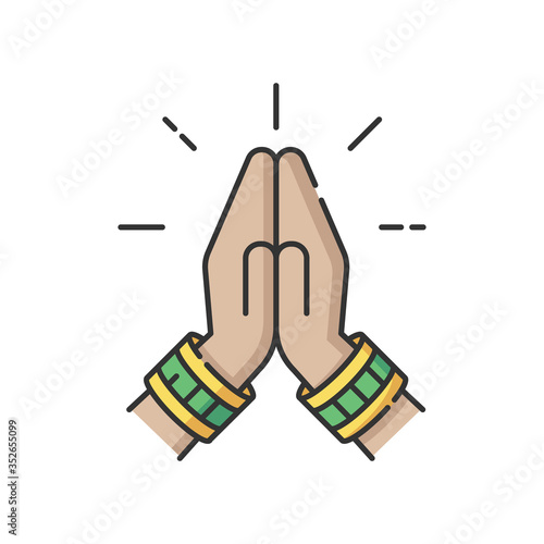 Namaste RGB color icon. Hindu greeting. Hands pressed together. Respectful salutation. Anjali Mudra. Praying hands. Ancient tradition. Indian religion. Asian gesture. Isolated vector illustration