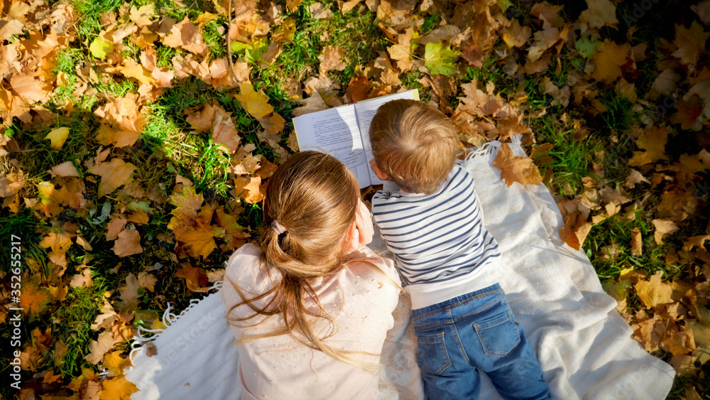 Φωτογραφία Top view photo of mother and little boy lying on blanket at autumn park and read