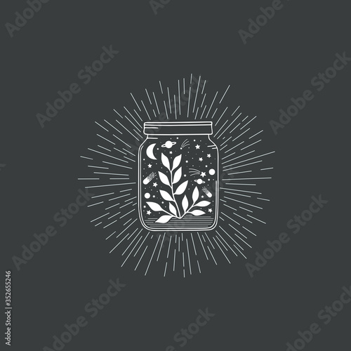Vector hand drawn illustration of a jar with moon, stars, planets and plant.