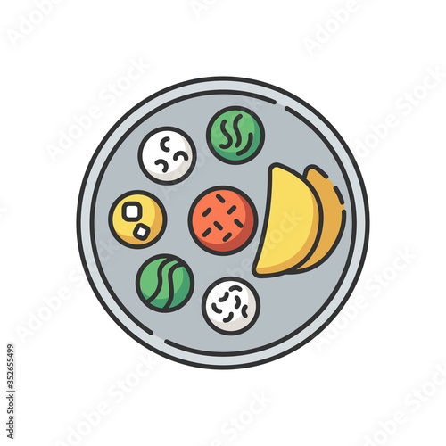 Indian thali RGB color icon. Traditional cuisine. Asian culture. Food habits of India. Chapati bread with sauces. Flatbreads on plate. Meal serving. Isolated vector illustration