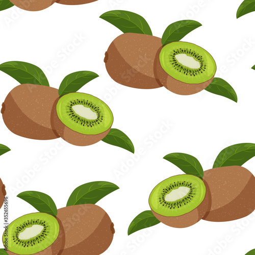Fresh kiwi fruit with green leaves background. Summer seamless pattern.