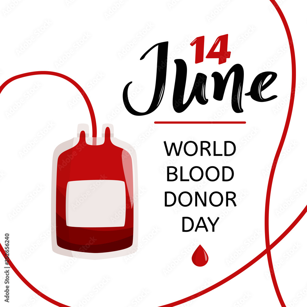 Naklejka premium June 14 World Blood Donor Day card. Bold handwritten font isolated on white background.