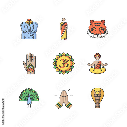 Indian spiritual symbols RGB color icons set. Om sound representation. Yoga practitioner. Namaste gesture. Lord Ganesha. Henna body art. Traditional sari.Isolated vector illustrations