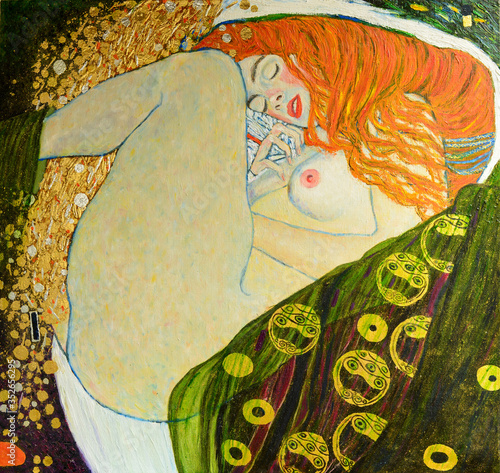 oil on canvas. Oil painting. Gold leaf. Beautiful red hair girl. Based on painting Danae. G. Klimt