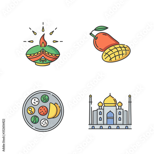 Indian culture RGB color icons set. Traditional diya. Diwali festival. Mango fruit. Tropical food. Thali dish. Chapati bread. Taj Mahal. Marble mausoleum. Isolated vector illustrations