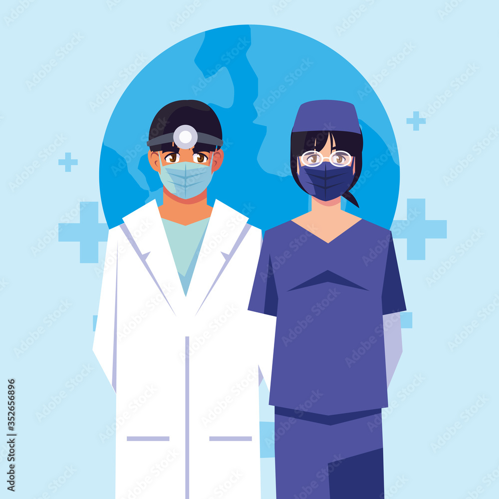 Man and woman doctors with uniforms and masks in front of crosses vector design Man and woman doctors with uniforms and masks in front of crosses vector design