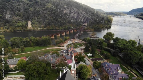 An aerial view of historic Harpers Ferry, West Virginia, USA