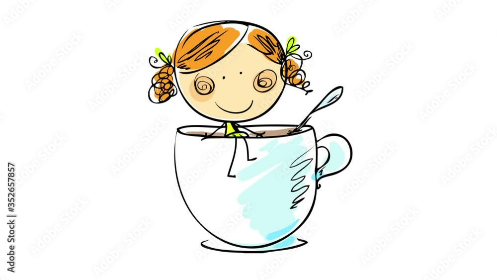 model girl with red hair and ponytails hairdo wearing matching dress with headbands sitting on the edge of a huge hot chocolate mug with a spoon in it model girl with red hair and ponytails hairdo wearing matching dress with headbands sitting on the edge of a huge hot chocolate mug with a spoon in it