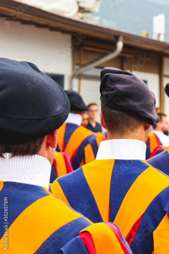 Traditional parade on Swiss National Day. National holiday of Switzerland, set on 1st August. Celebration of the founding of the Swiss Confederacy. Independence day. Historical costumes.