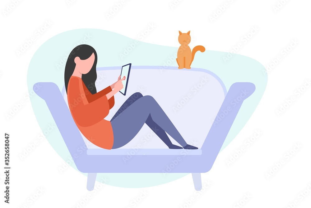 Obraz premium Girl with tablet sitting on sofa. Freelance or studying concept. Female using internet at home. Flat style illustration isolated on white background.