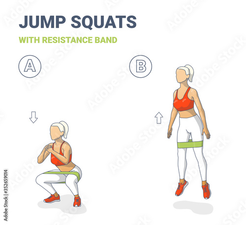 Squat Jumps with Resistance Band Girl Workout Exercise Colorful Concept.