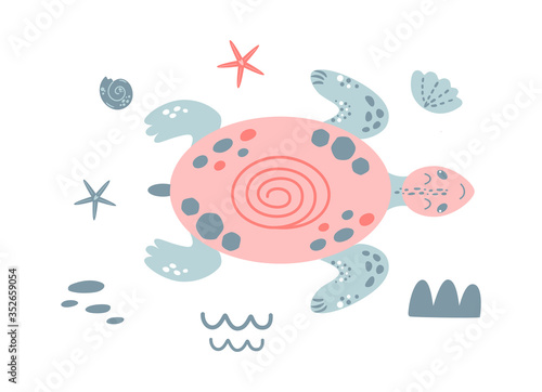 Pink turtle. Cute baby ocean animal Girl summer sea element girls nautical print cute pink turtle Vector