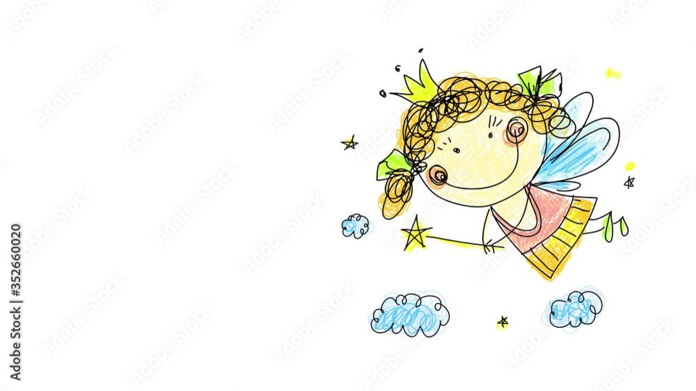 hand drawing of joyful innocent girl dressed as a fairy doing magic with her wand made with golden star and flying on a cloudy background hand drawing of joyful innocent girl dressed as a fairy doing magic with her wand made with golden star and flying on a cloudy background