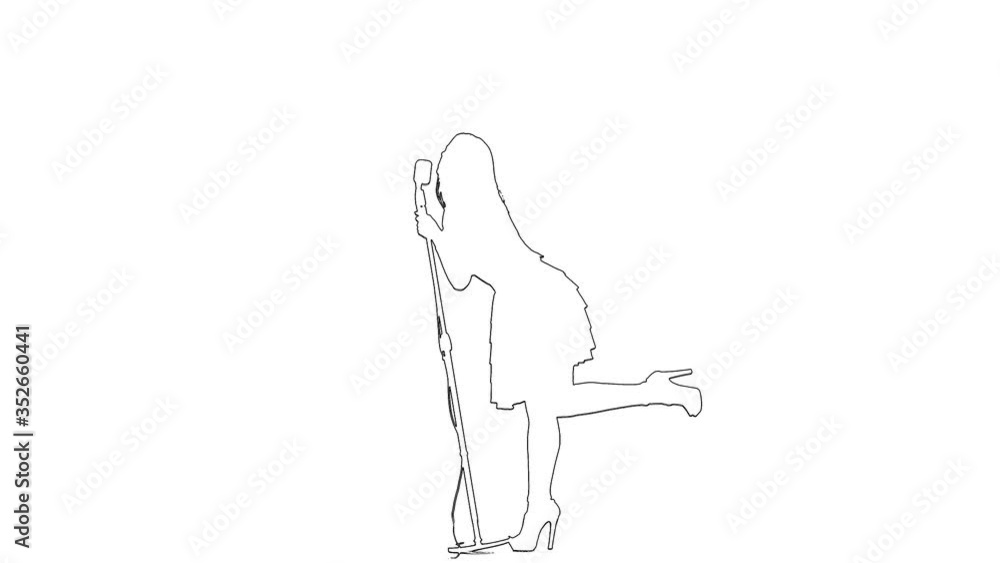 Outline sketch of singer female performs songs in a retro microphone sexually moving. White background. Silhouette Outline sketch of singer female performs songs in a retro microphone sexually moving. White background. Silhouette
