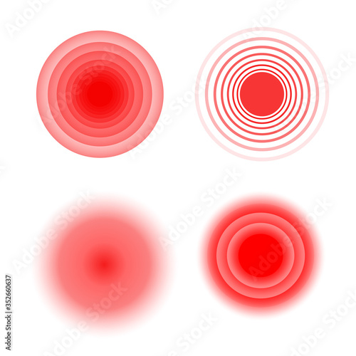 Set of pain red circles on white background. Abstract symbol aching place. Isolated medical sign of pain on the body.