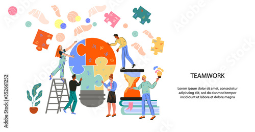 Landing page or website banner for teamwork and successful partnership vector illustration. Homepage design for company with characters of business people. Investments and creative inspiration.