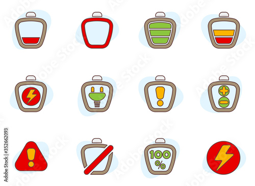 electric batteries and battery level colored icons