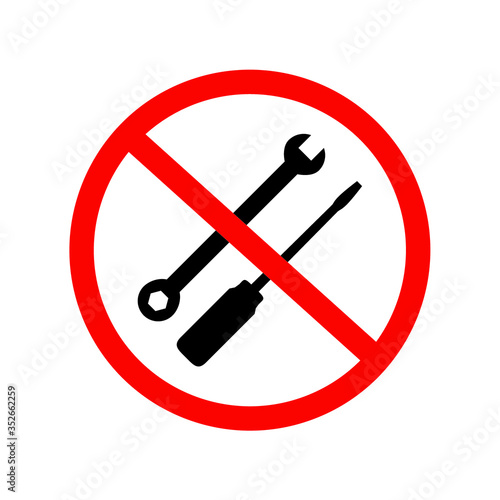 Black no tool needed, no need to install by tools icon with red stop sign, simple graphic flat design clipart vector app ads web banner button ui ux logo interface element isolated on white background