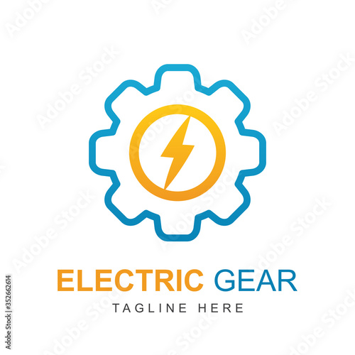 Electric power vector logo design element with gear shape. Service energy and thunder electricity symbol concept. Lightning bolt sign in the circle. Flash vector emblem template. Power fast speed