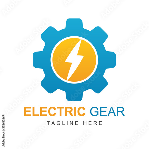Electric power vector logo design element with gear shape. Service energy and thunder electricity symbol concept. Lightning bolt sign in the circle. Flash vector emblem template. Power fast speed