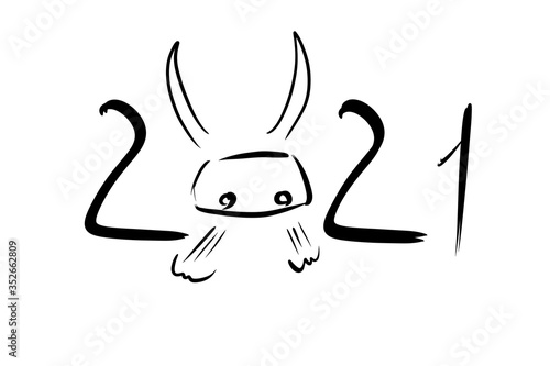 Illustration 2021 on a white background with a nose of a bull. Lettering 2021. year of the bull. New Year.