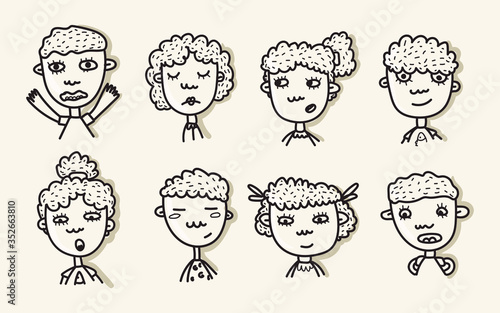 Set of icons of people on an isolated background. Silhouettes of people, women and men in the vector. Faces on a white background. Emotions happiness, anger, surprise, indifference. Vector.