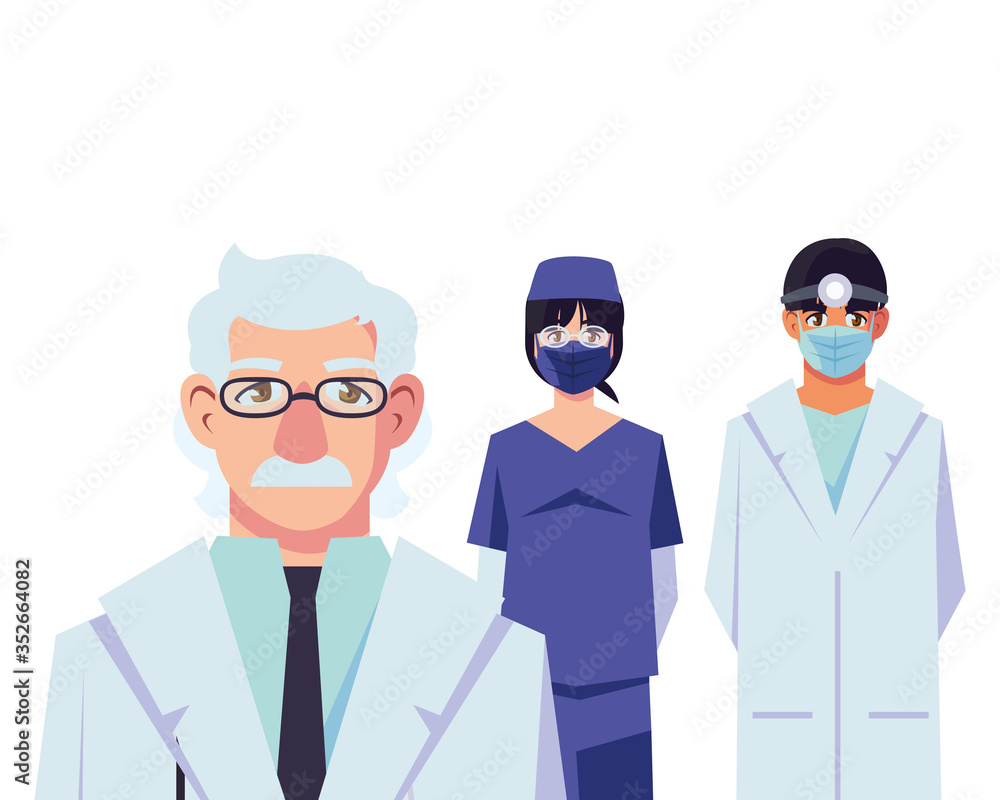 female and male doctors with uniforms and masks vector design