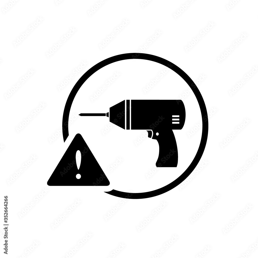 Black round no drill warning sign icon, simple industry infographic