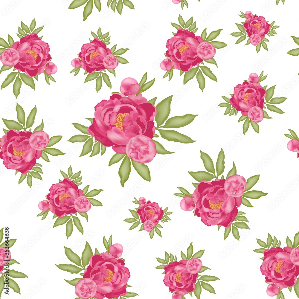 Pattern with pink peonies and green leaves, isolated on white background, 3D effect, stock vector illustration for design and decoration, postcard, banner