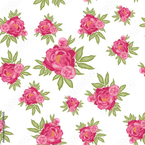 Fototapeta Naklejka Na Ścianę i Meble -  Pattern with pink peonies and green leaves, isolated on white background, 3D effect, stock vector illustration for design and decoration, postcard, banner