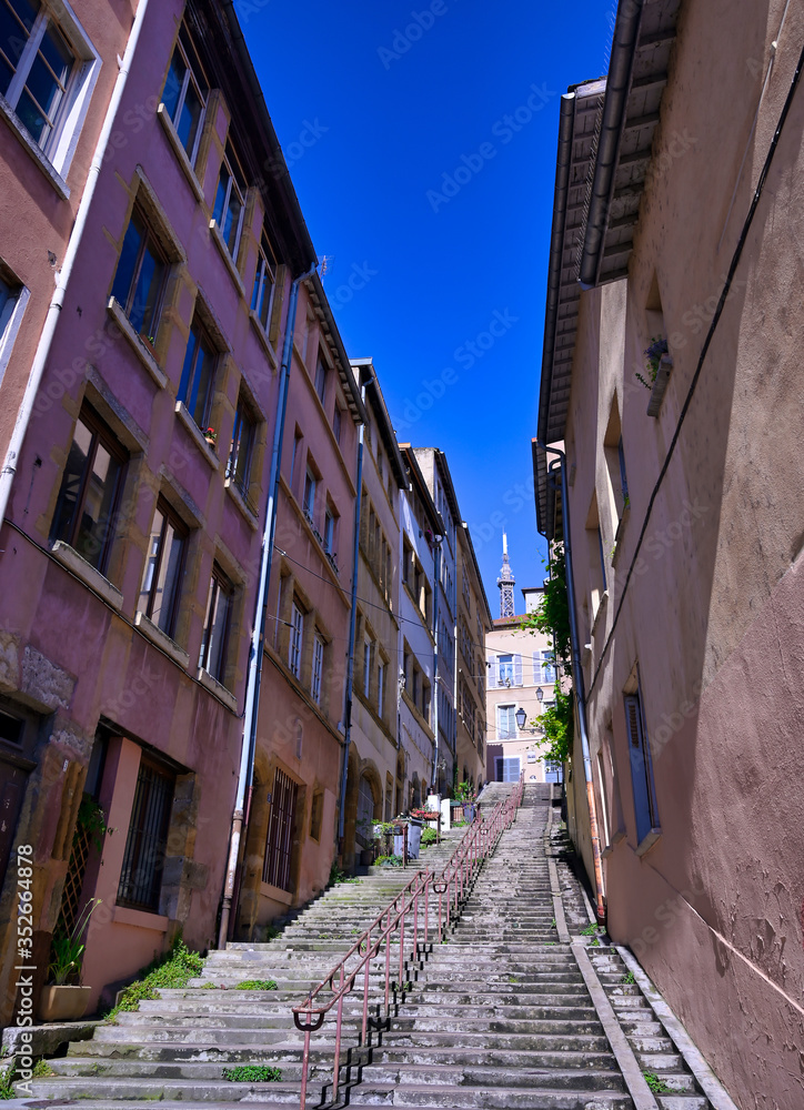 The narrow, historic streets of Lyon, France.