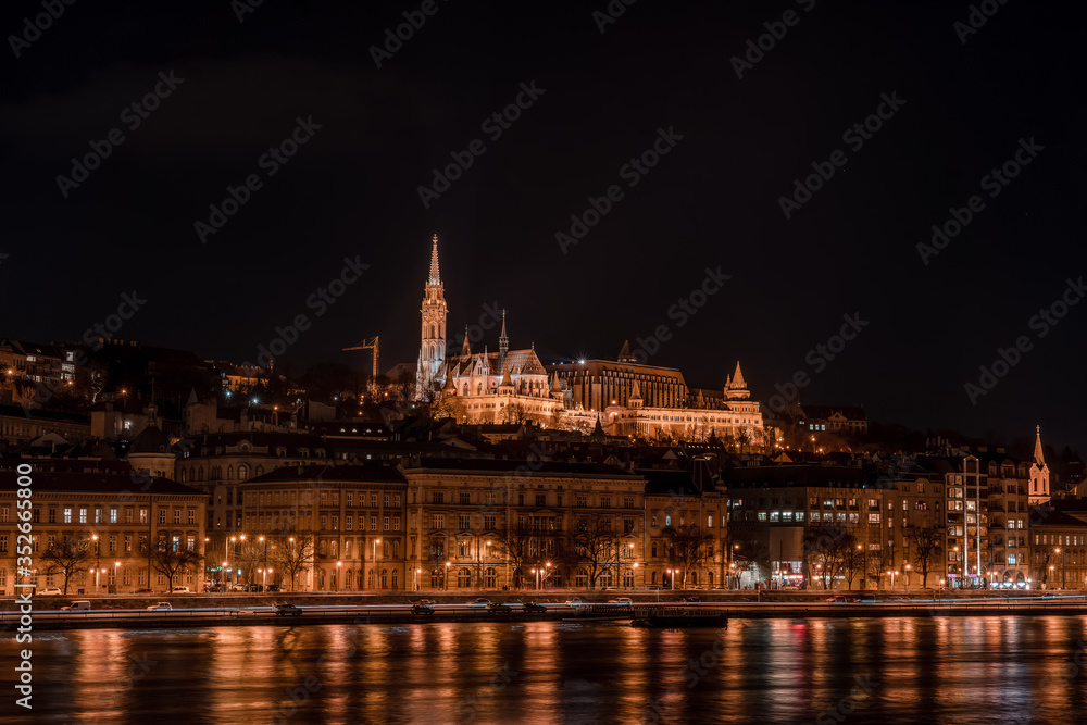 Long exposure view of Matyas matthias Church on Fisherman's Bastion hill in Budapest in the night