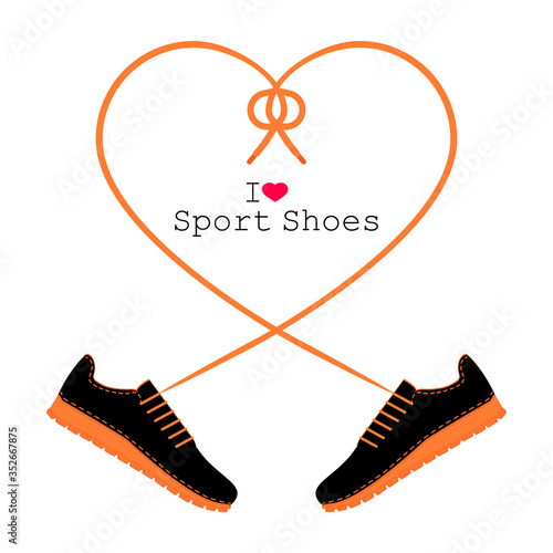 A pair of sneakers and a heart shaped shoelaces. A pair of gym shoes with long laces. I love sport shoes. Isolated vector illustration on white background. Flat style.