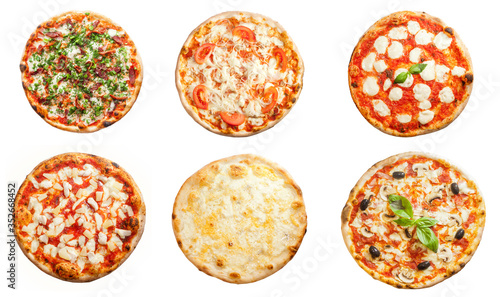 Six different pizza set for menu isolated on white background