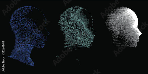 Artificial intelligence concept. Human head with glitched pixels, distorted profile of a woman made of square particles.