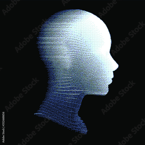 Artificial intelligence concept. Human head with glitched pixels, distorted profile of a woman made of square particles.